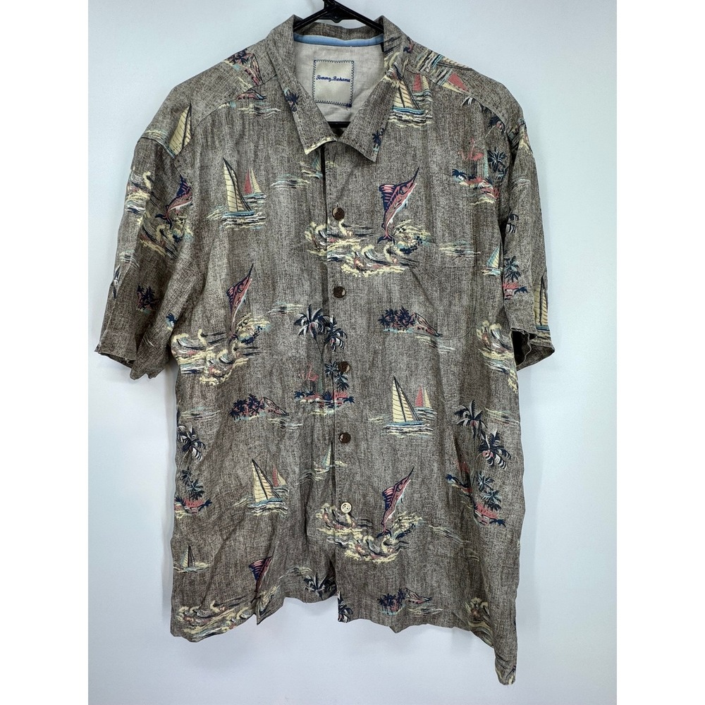 Tommy Bahama Men's XL Gray Silk‎ Button Up Shirt Fish Sailboat Palms Tropical